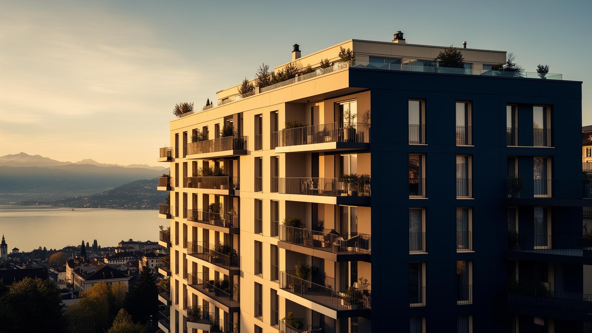 Immeuble contemporain au-dessus du lac Léman au coucher du soleil, vertical immobilier