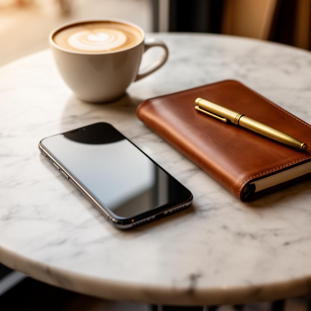 Smartphone, carnet en cuir et café latte sur table en marbre, vertical digital